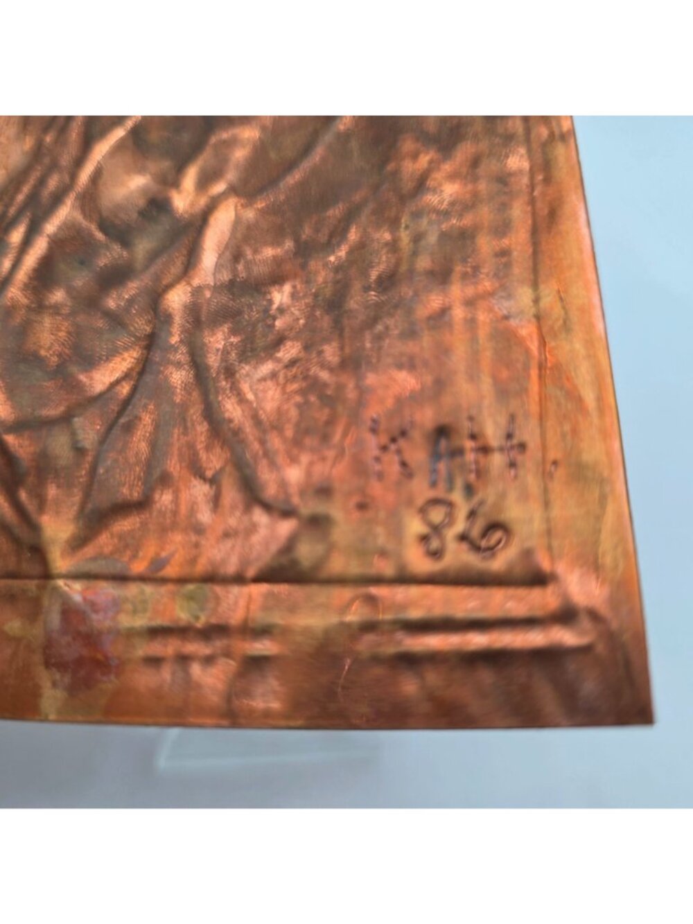 Copper Embossed Religious Artwork Signed KAH 86 Virgin Mary Design 4"x4.5" Panel - Picture 4 of 9